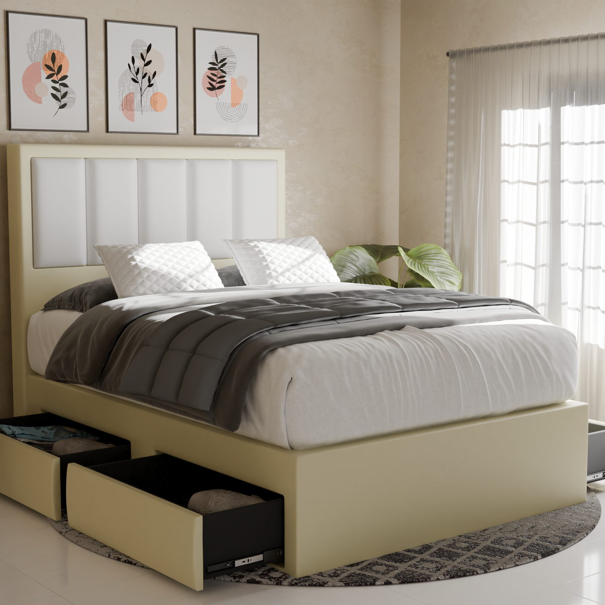 Torian Faux Leather Drawer Bed Frame