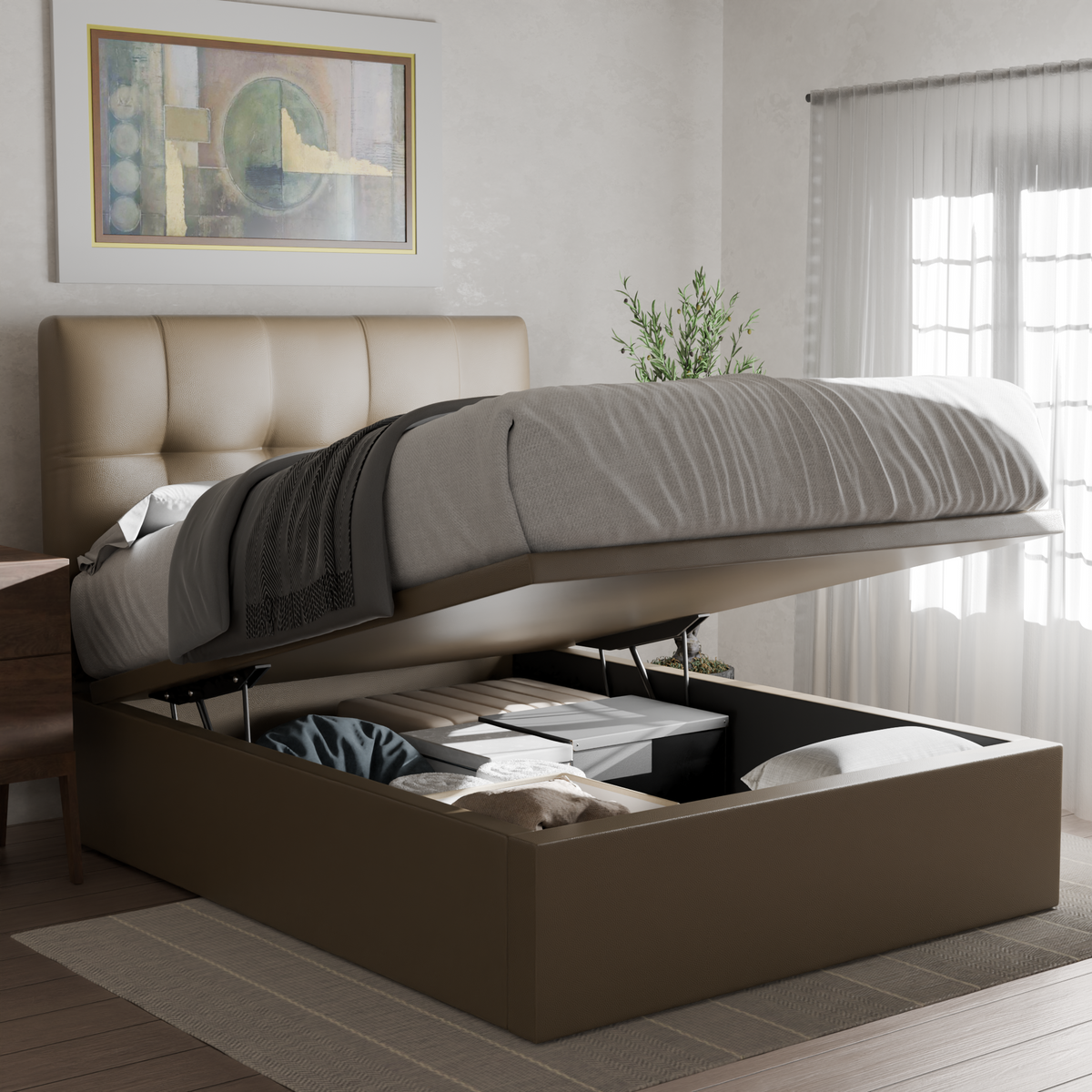 Zerith Faux Leather Storage Bed Frame