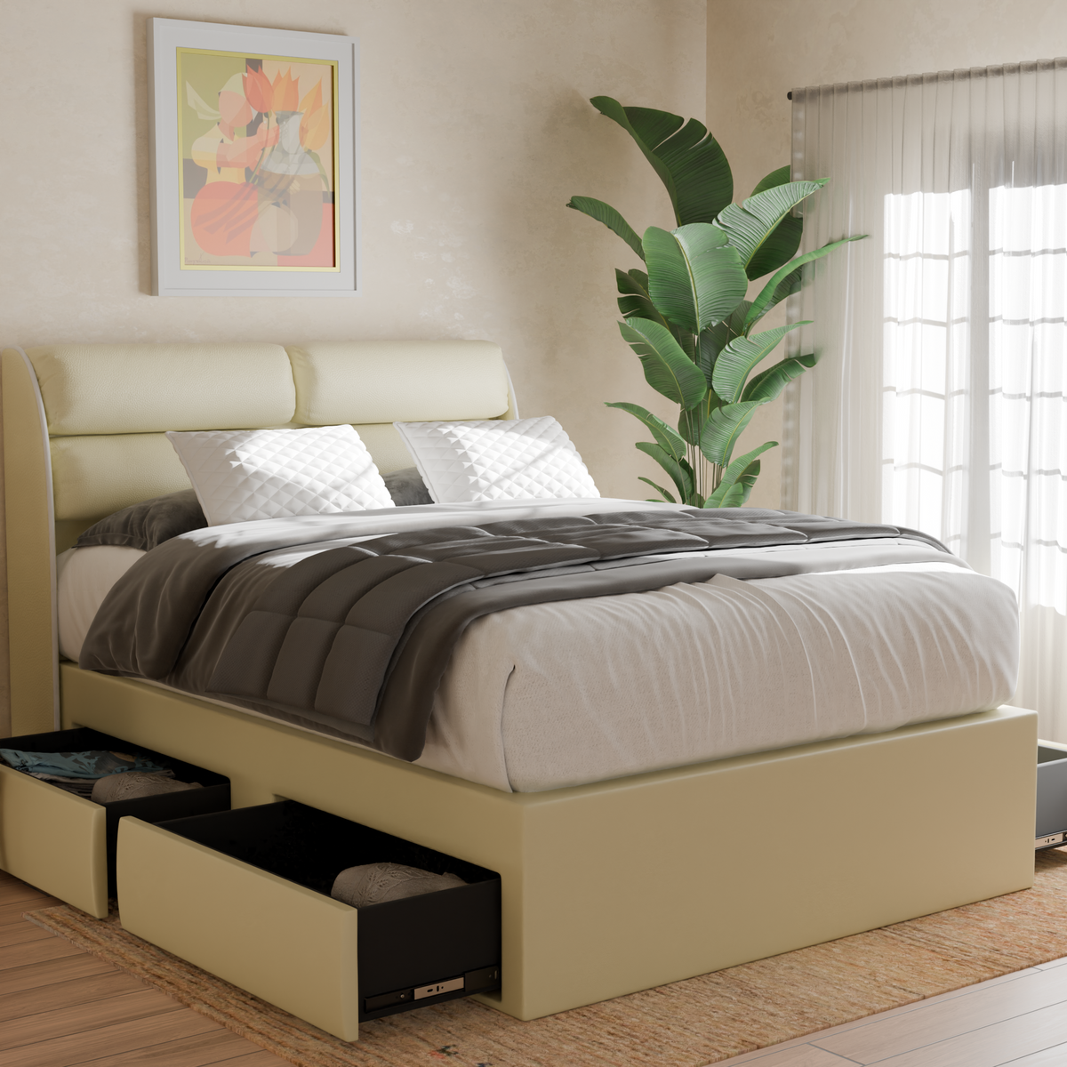 Zyler Faux Leather Drawer Bed Frame