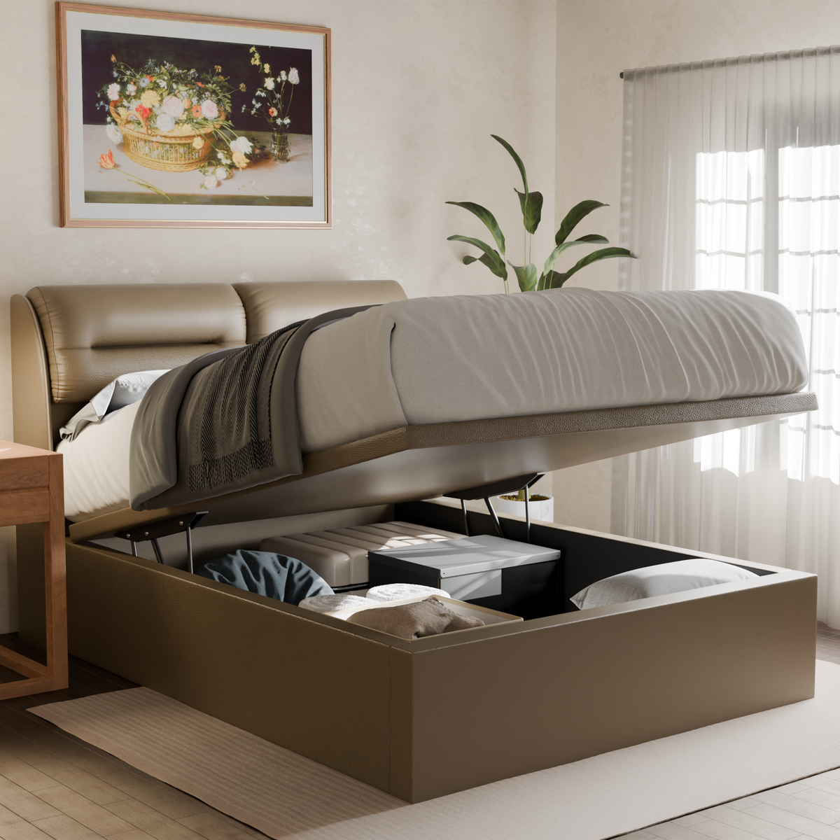 Lynara Faux Leather Storage Bed Frame