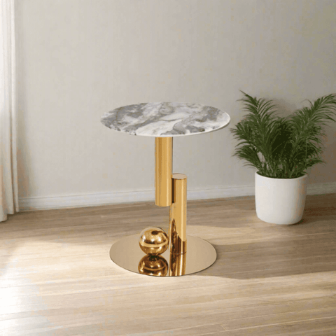 Siena Cultured Marble Side Table (Gold Base) - Maxi Home Furnishing